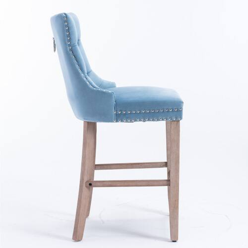 Alt View 1. LUCKY ONE - Assembled Velvet Bar Stool Set of 2 with Button Tufted Wood Legs Chrome Nailhead Trim - Light Blue.