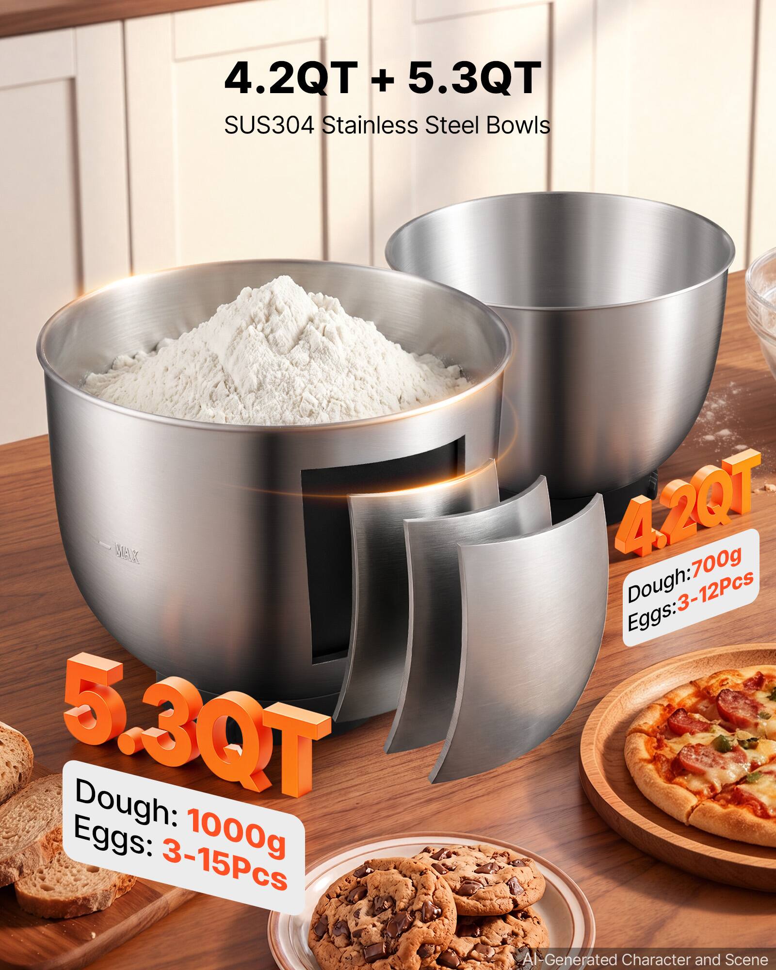 4.2QT + 5.3QT SUS304 Stainless Steel Bowls

4.2QT
- Dough: 700g
- Eggs: 3-12Pcs

5.3QT
- Dough: 1000g
- Eggs: 3-15Pcs