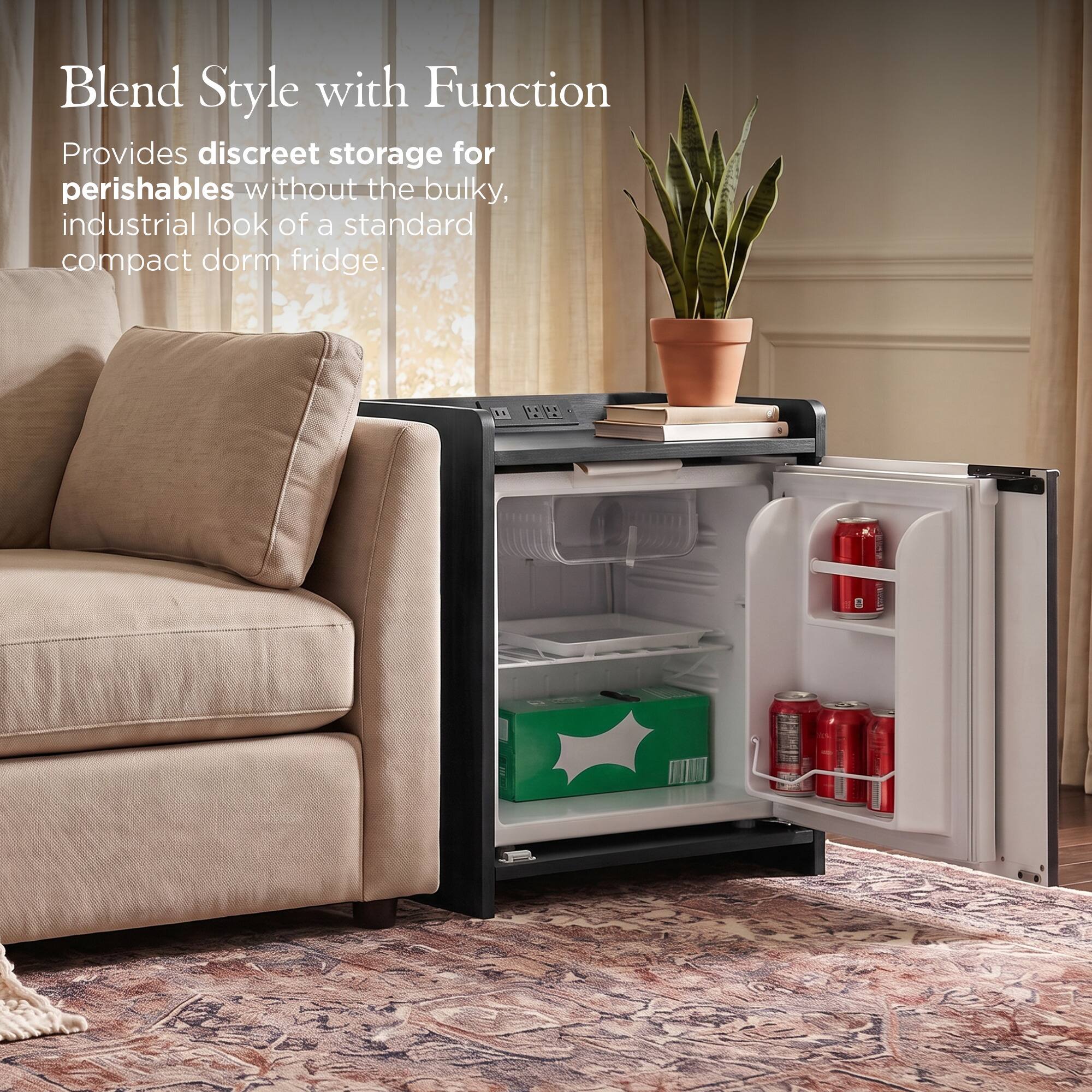 Blend Style with Function  
Provides discreet storage for perishables without the bulky, industrial look of a standard compact dorm fridge.