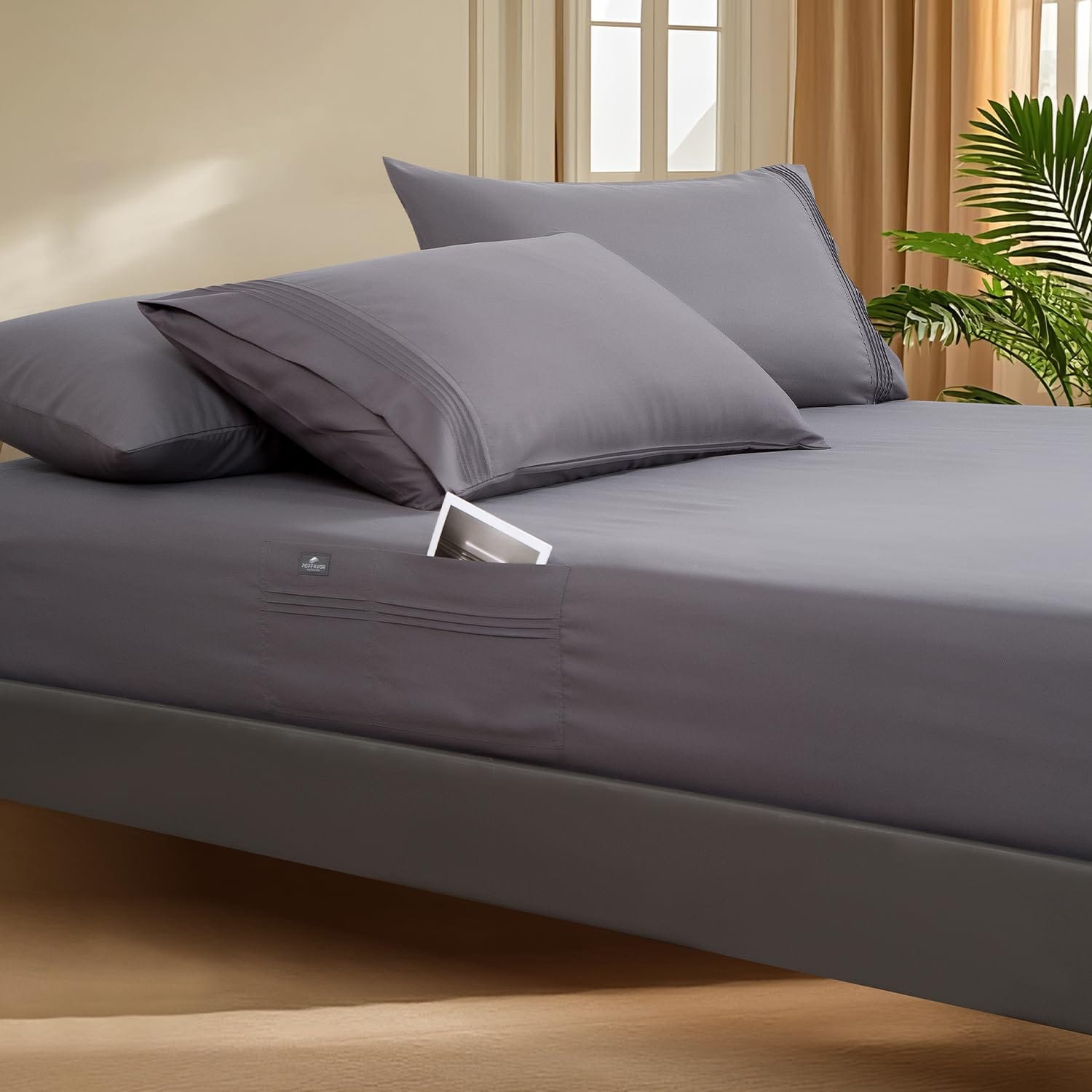 Fabibe - Deep Pocket Queen Fitted Sheet With Straps - Fits Mattresses Up To 21" Thick 3 Bed Sheets Wicking & Soft Pillow Cases - Grey-Twin