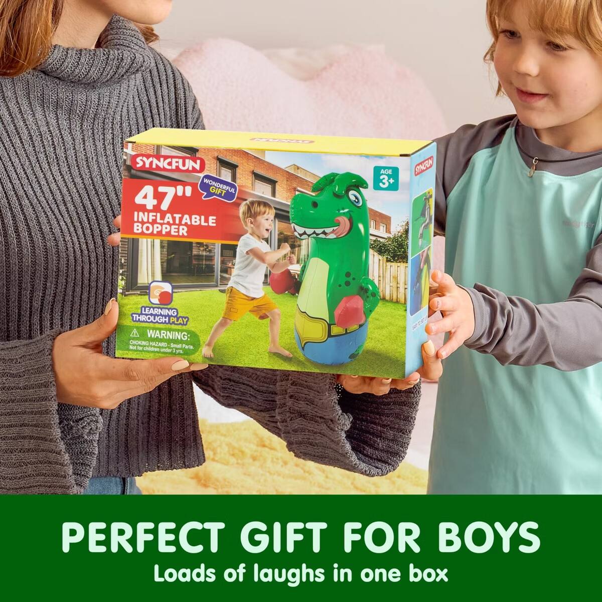 SYNCFUN WONDERFUL GIFT 47" INFLATABLE BOPPER AGE 3+ RINN LEARNING THROUGH PLAY WARNING: CHOKING HAZARD - Small Parts. Not for children under 3 years. PERFECT GIFT FOR BOYS Loads of laughs in one box