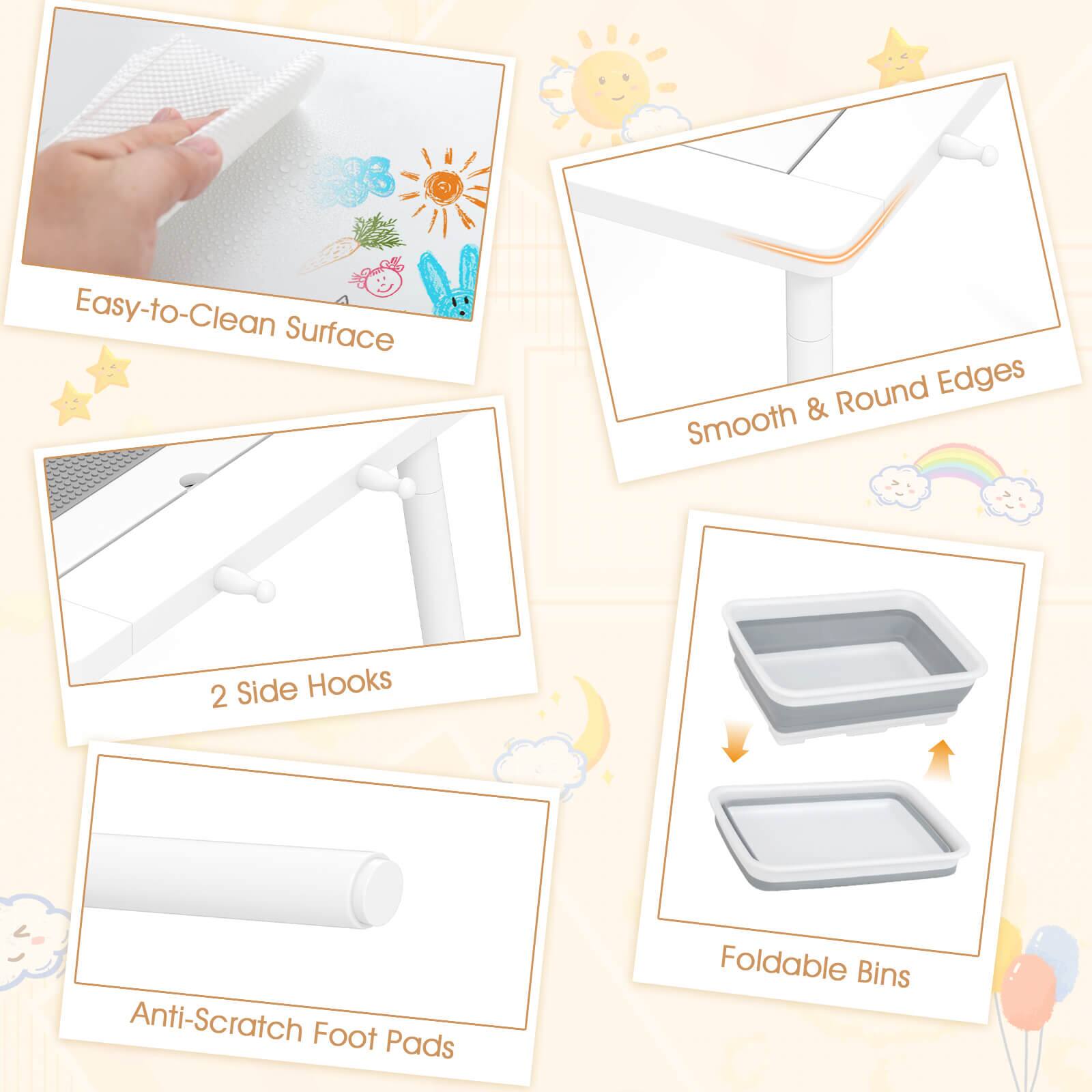 Easy-to-Clean Surface, Round Edges & Smooth, 2 Side Hooks, Anti-Scratch Foot Pads, Foldable Bins