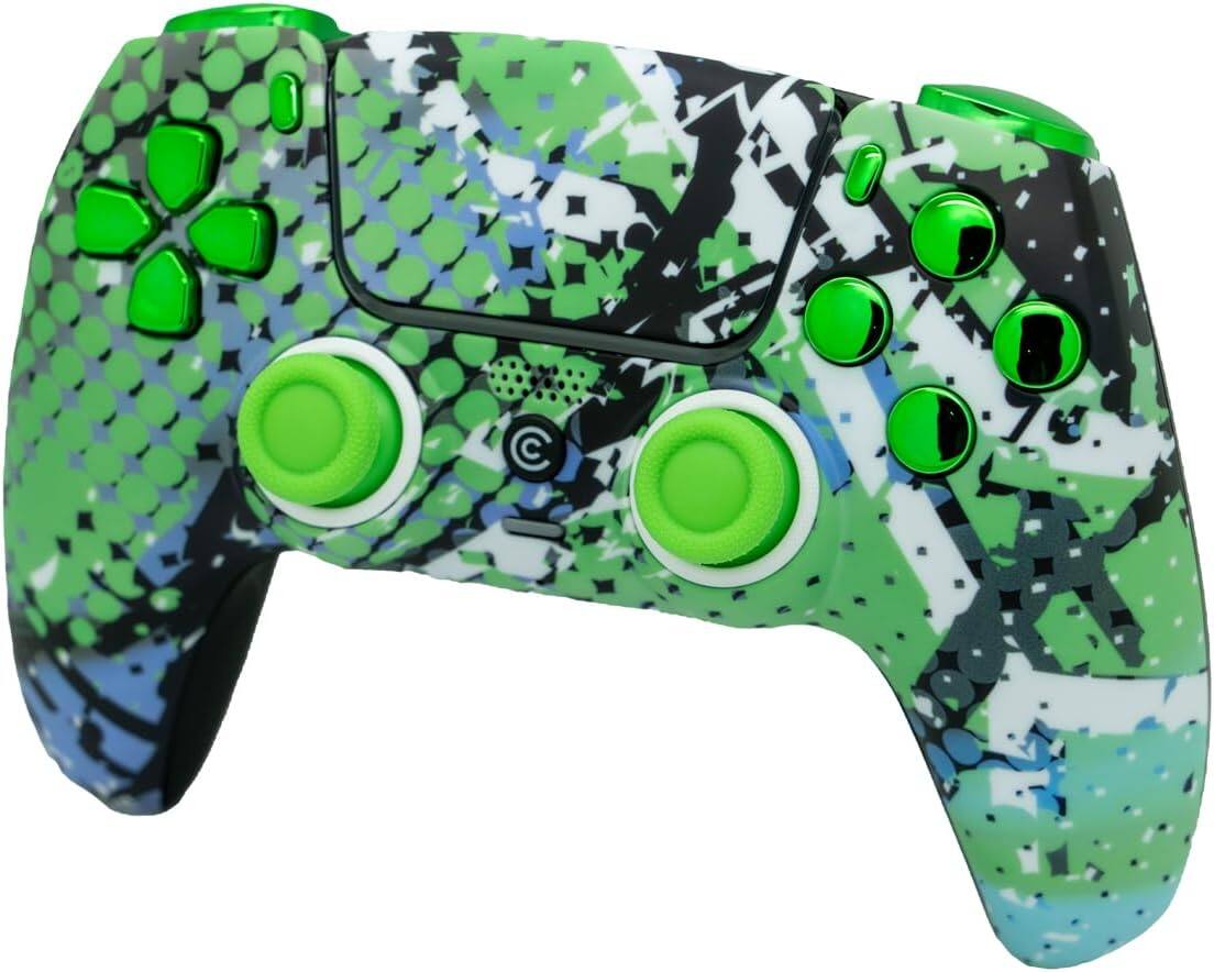 Angle. Custom Controllerzz - Custom Wireless Controller for PS5 - Swamp Fade & Green Chrome Inserts.