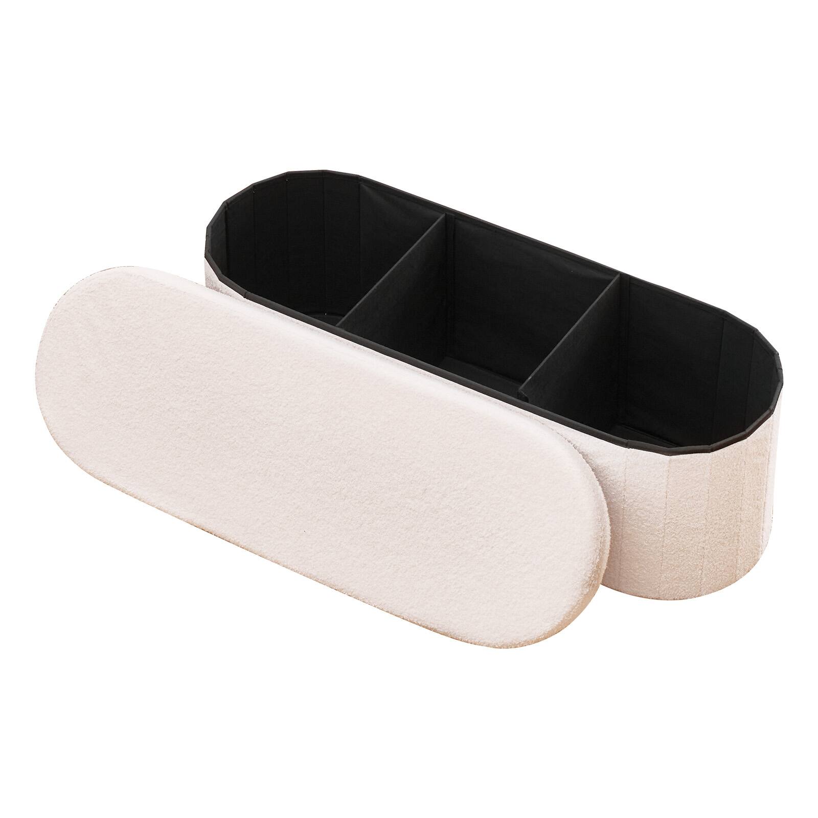 Front. VEVOR - Oval Storage Ottoman Bench, Foldable Teddy Fleece Upholstered Bench with Spacious Storage, Supports 660 lbs - Beige.