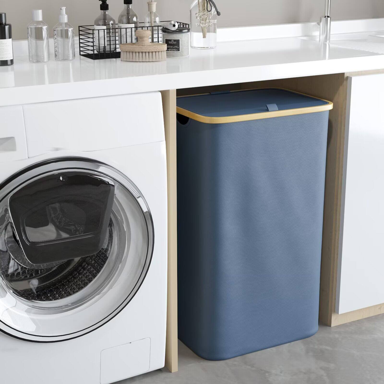 Alt View 1. Tooloton - Large 110L Collapsible Laundry Hamper with Lid and Bamboo Handles, Tall Clothes Basket in Blue - Blue.