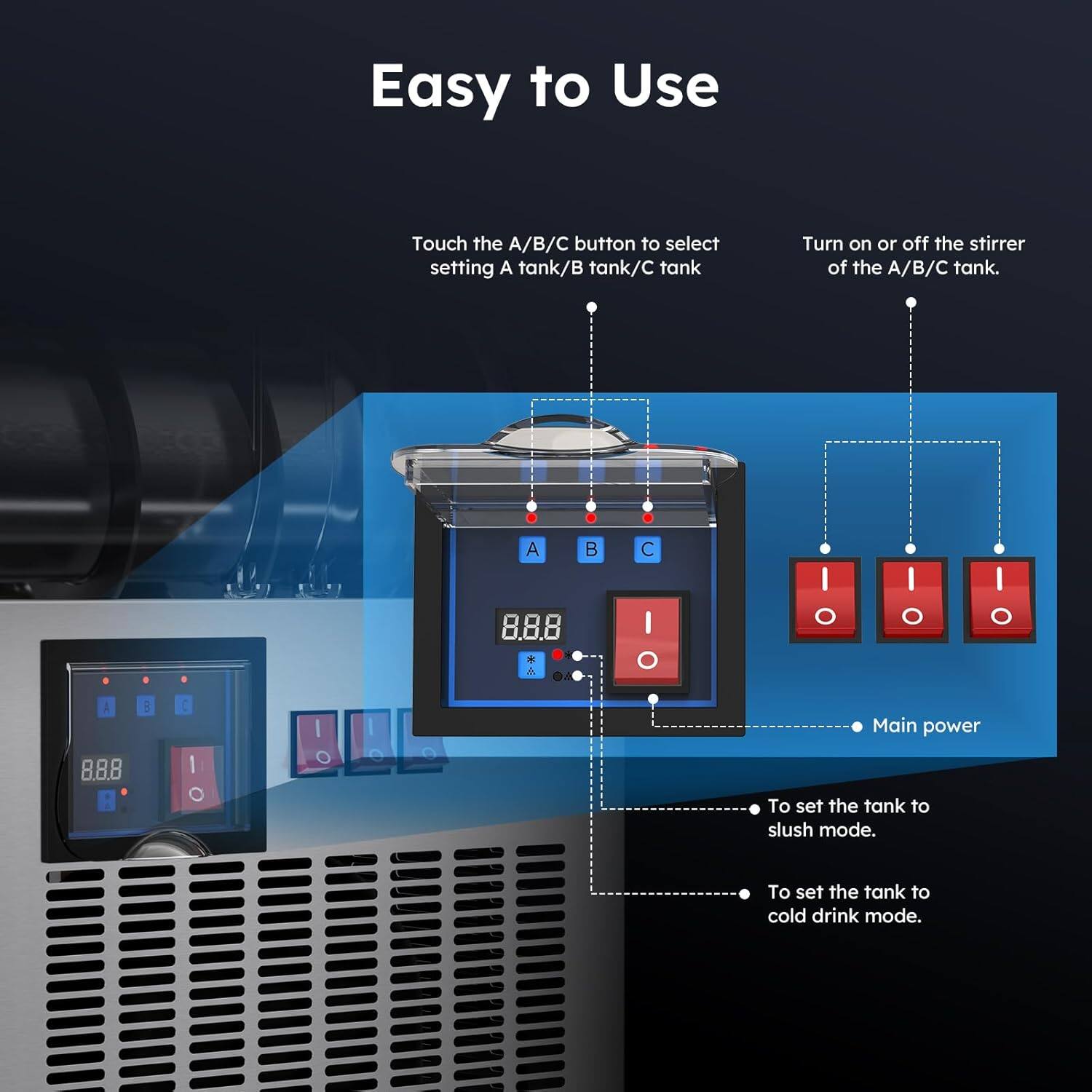 Easy to Use

Touch the A/B/C button to select setting A tank/B tank/C tank.

Turn on or off the stirrer of the A/B/C tank.

Main power

To set the tank to slush mode.

To set the tank to cold drink mode.