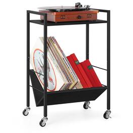 Oumilen - Wood Grain 2-Tier Rolling Turntable Cart with V-Shaped Vinyl Storage, Matte Metal Frame - Black