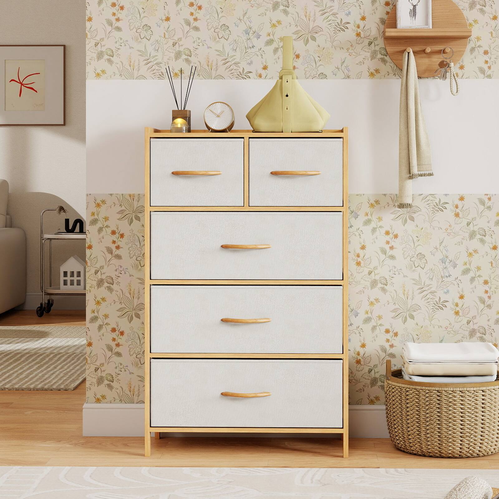 Alt View 3. Gymax - Gymax 5-Drawer Bamboo Chest of Drawers Storage Organizer Unit for Entryway Living Room - Yellow.