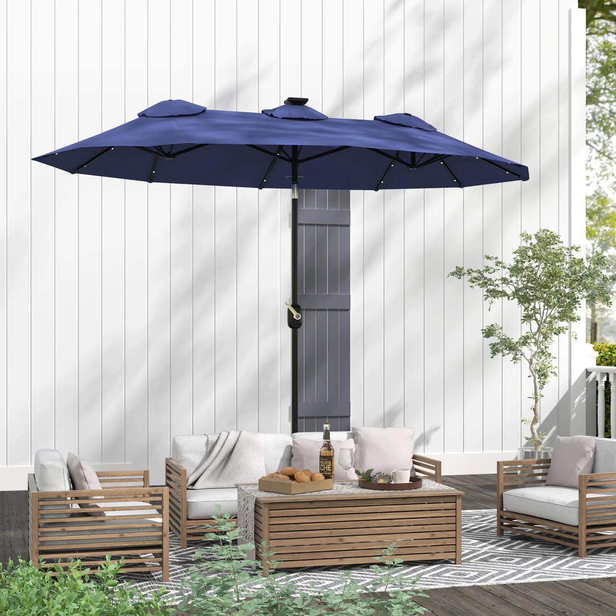 Alt View 5. Spaco - Spaco 9.7ft Double-Sided Patio Umbrella,LED Solar Light,Tilt,Crank,12 Ribs - Navy Blue.