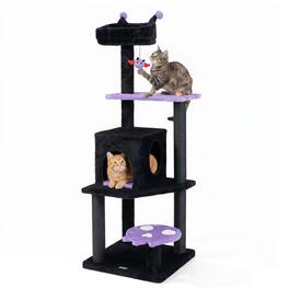 Gymax - 57'' Gothic Cat Tree for Indoor Cats w/ Padded Perch 2-Entry Condo Hanging Toy Purple & Black
