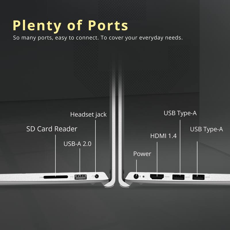 Plenty of Ports  
So many ports, easy to connect. To cover your everyday needs.  

- Headset jack  
- SD Card Reader  
- USB-A 2.0  
- HDMI 1.4  
- USB Type-A  
- USB Type-A  
- Power