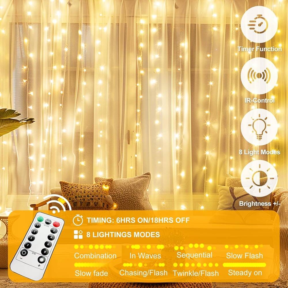 - Timer Function
- IR-Control
- 8 Light Modes
- Brightness +/- 

TIMING: 6HRS ON/18HRS OFF

8 LIGHTINGS MODES
- Combination
- In Waves
- Sequential
- Slow Flash
- Slow fade
- Chasing/Flash
- Twinkle/Flash
- Steady on