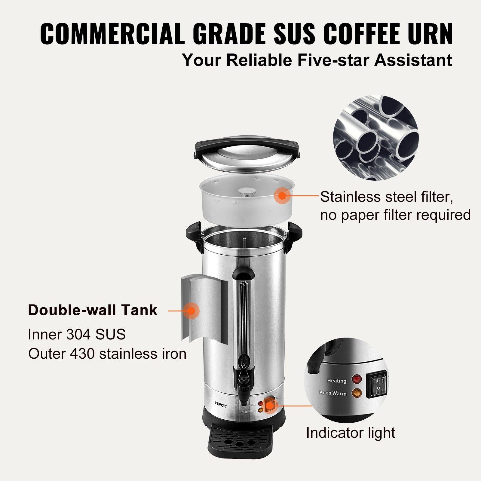 COMMERCIAL GRADE SUS COFFEE URN  
Your Reliable Five-star Assistant  

- Stainless steel filter, no paper filter required  
- Double-wall Tank  
  - Inner 304 SUS  
  - Outer 430 stainless iron  
- Indicator light  
- Heating  
- Keep Warm