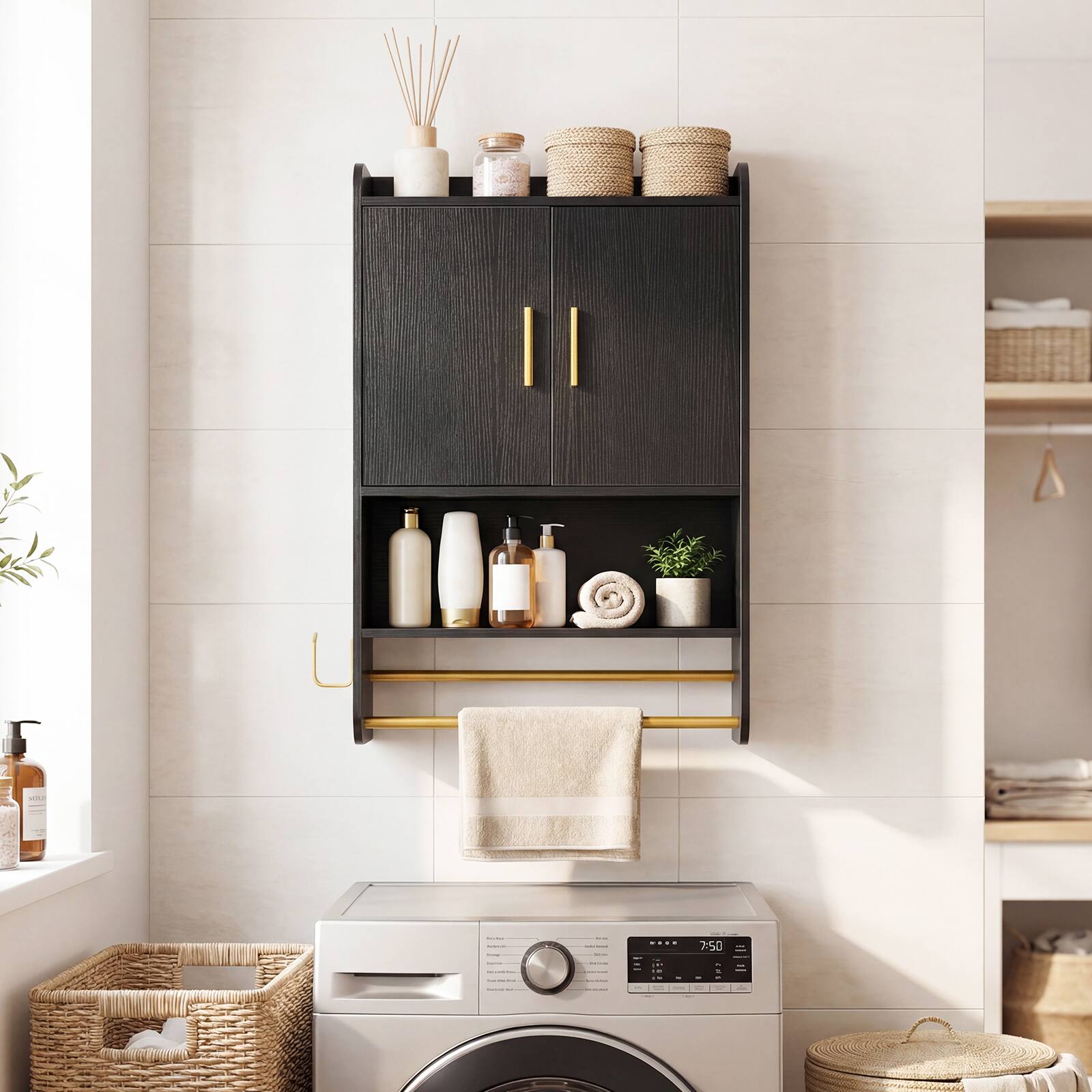 Alt View 5. Costway - Costway Bathroom Wall Cabinet with Towel Bars, Toilet Paper Holder, Adjustable Shelf - Black.