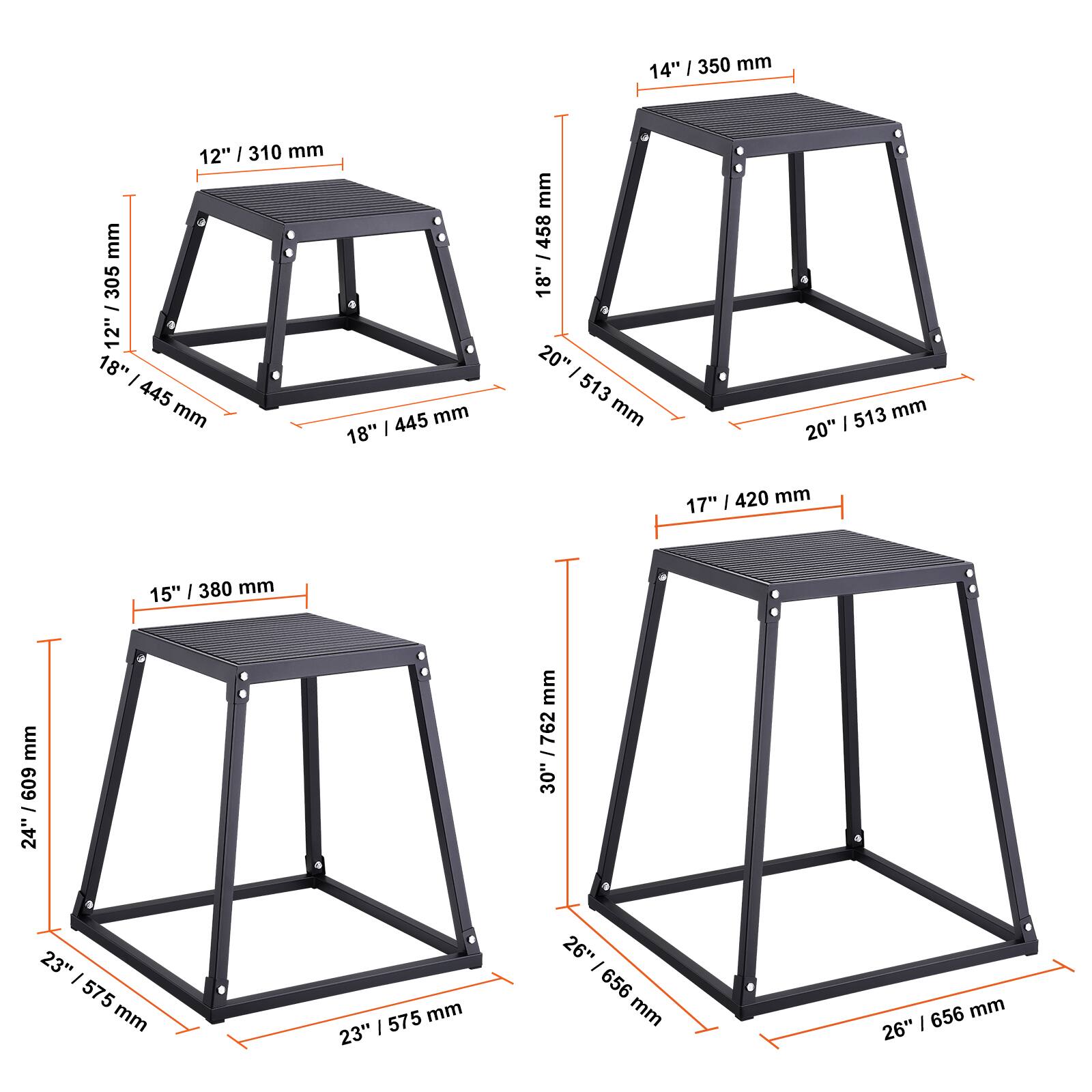 Here is the corrected and grouped text:

- 12" / 310 mm
- 14" / 350 mm
- 15" / 380 mm
- 17" / 420 mm
- 18" / 458 mm
- 20" / 513 mm
- 23" / 575 mm
- 24" / 609 mm
- 26" / 656 mm
- 30" / 762 mm

Dimensions of the stools:
- 12" x 12" x 14" / 310 mm x 350 mm x 350 mm
- 14" x 14" x 18" / 350 mm x 350 mm x 458 mm
- 15" x 15" x 20" / 380 mm x 380 mm x 513 mm
- 17" x 17" x 23" / 420 mm x 420 mm x 575 mm
- 18" x 18" x 24" / 458 mm x 458 mm x 609 mm
- 20" x 20" x 26" / 513 mm x 513 mm x 656 mm
- 23" x 23" x 30" / 575 mm x 575 mm x 762 mm
- 26" x 26" x 28" / 656 mm x 656 mm x 696 mm