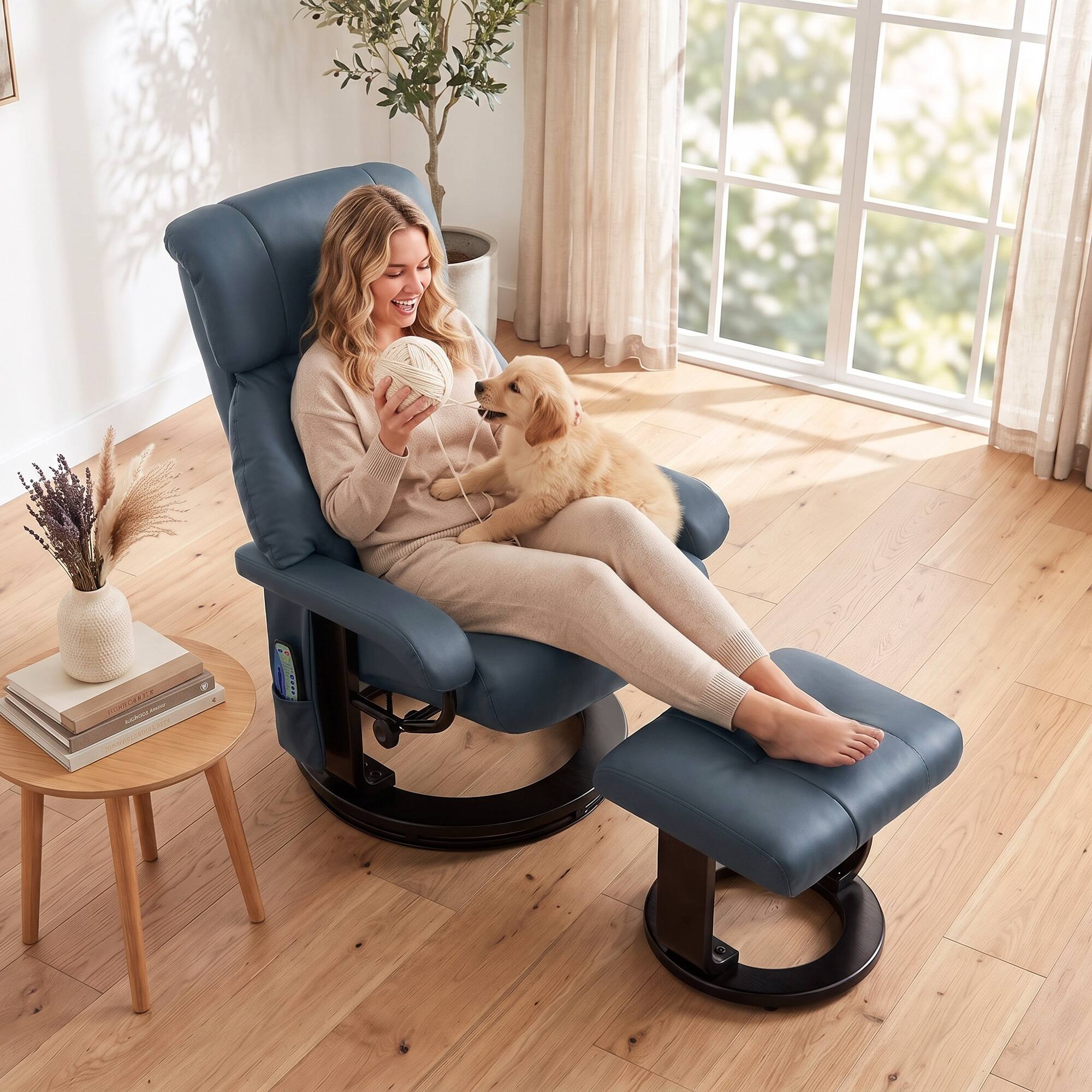 Alt View 8. Homcom - Recliner with Ottoman, Faux Leather Reclining Chair with Massage - Blue.