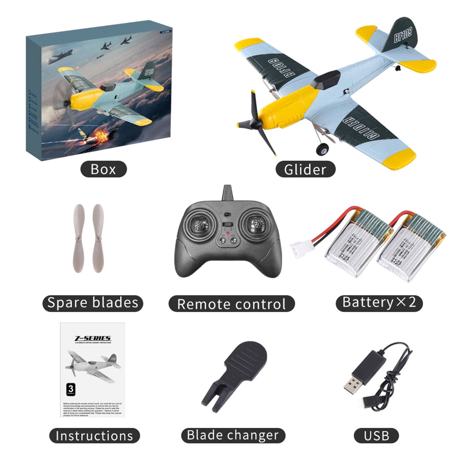 - Box
- Glider
- Spare blades
- Remote control
- Battery x 2
- Instructions
- Blade changer
- USB