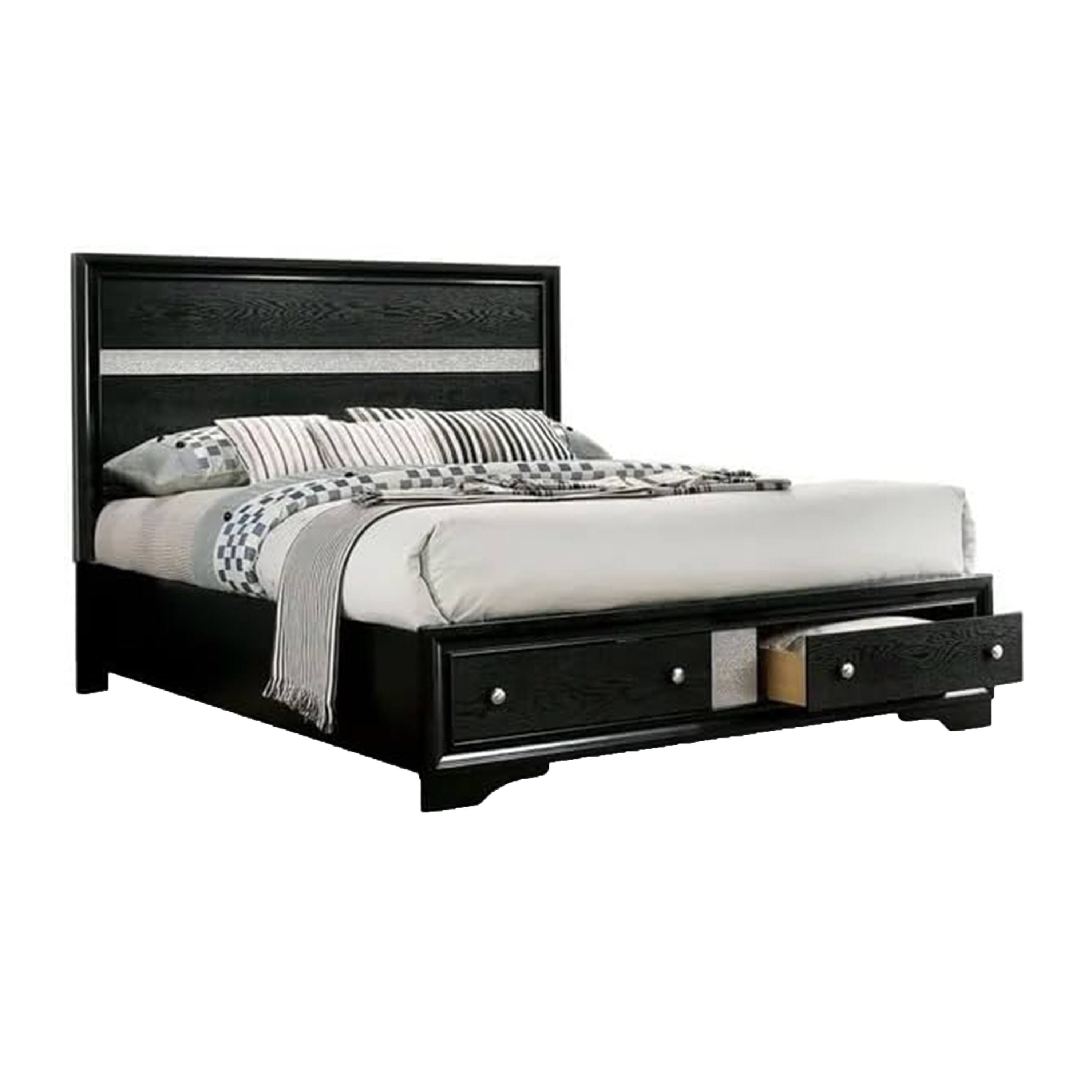 Front. Manhattan Lane - Cevy Queen Size Bed, Footboard Drawers, Black Wood w Glitter Accents - Black, Silver.