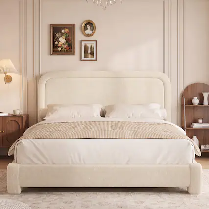 Front. Vipbear - F/Q/K Upholstered Bed Frame with Adjustable Headboard, Curved Sherpa Platform Bed Frame, No Box Spring Required - Off-white.