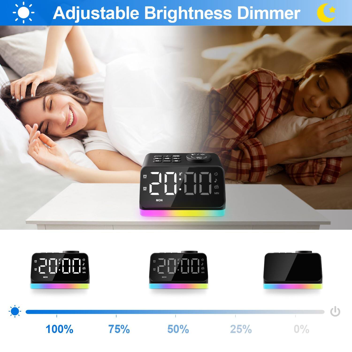 Adjustable Brightness Dimmer

ML 2 C 20:00 MP MON F = 20:00 18-0 F 20:00 E -- 100% 75% 50% 25% 0%