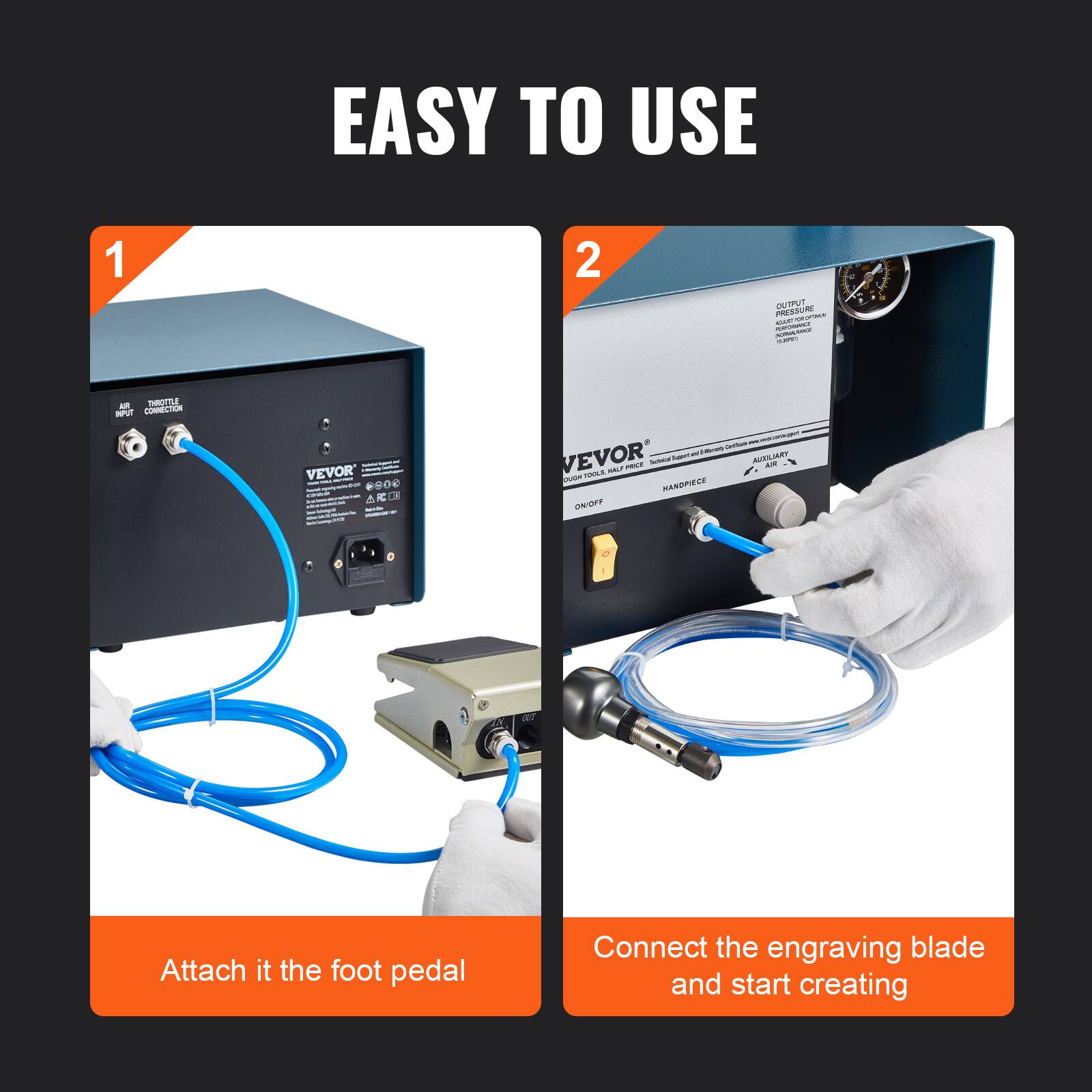EASY TO USE

1. Attach it to the foot pedal

2. Connect the engraving blade and start creating