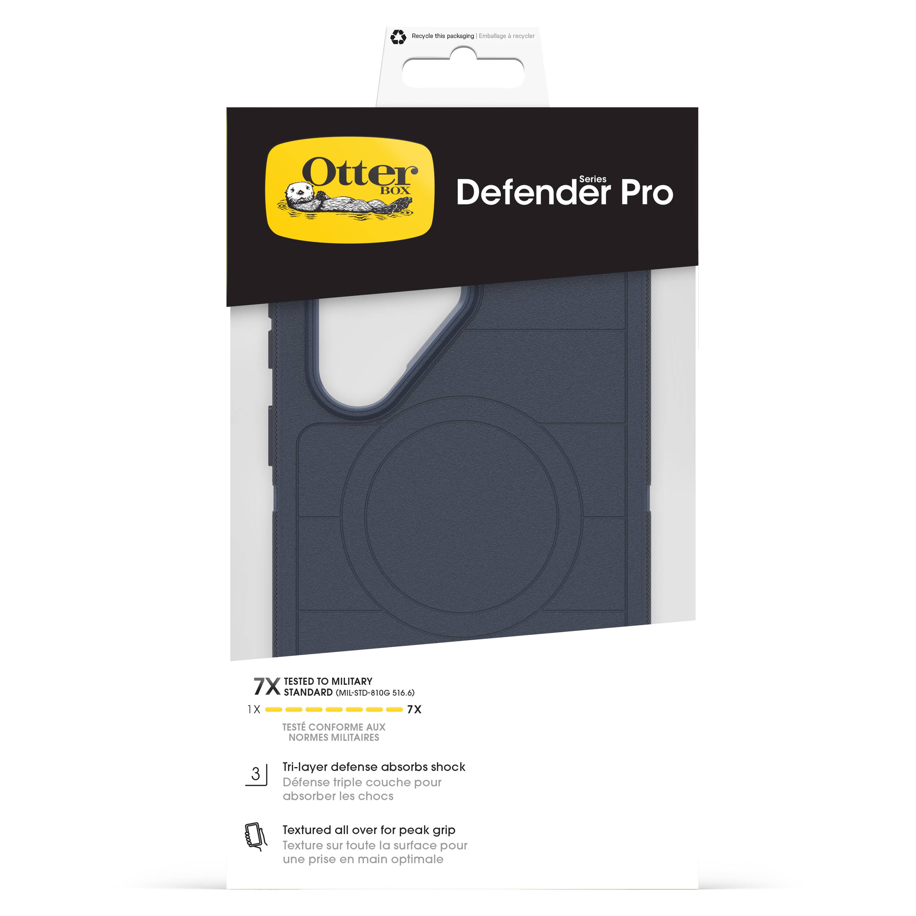 Otter Box  
Defender Pro  

7X TESTED TO MILITARY STANDARD (MIL-STD-810G 516.6)  
1X TESTE CONFORME AUX NORMES MILITAIRES  

3 Tri-layer defense absorbs shock  
Défense triple couche pour absorber les chocs  

Textured all over for peak grip  
Texture sur toute la surface pour une prise en main optimale