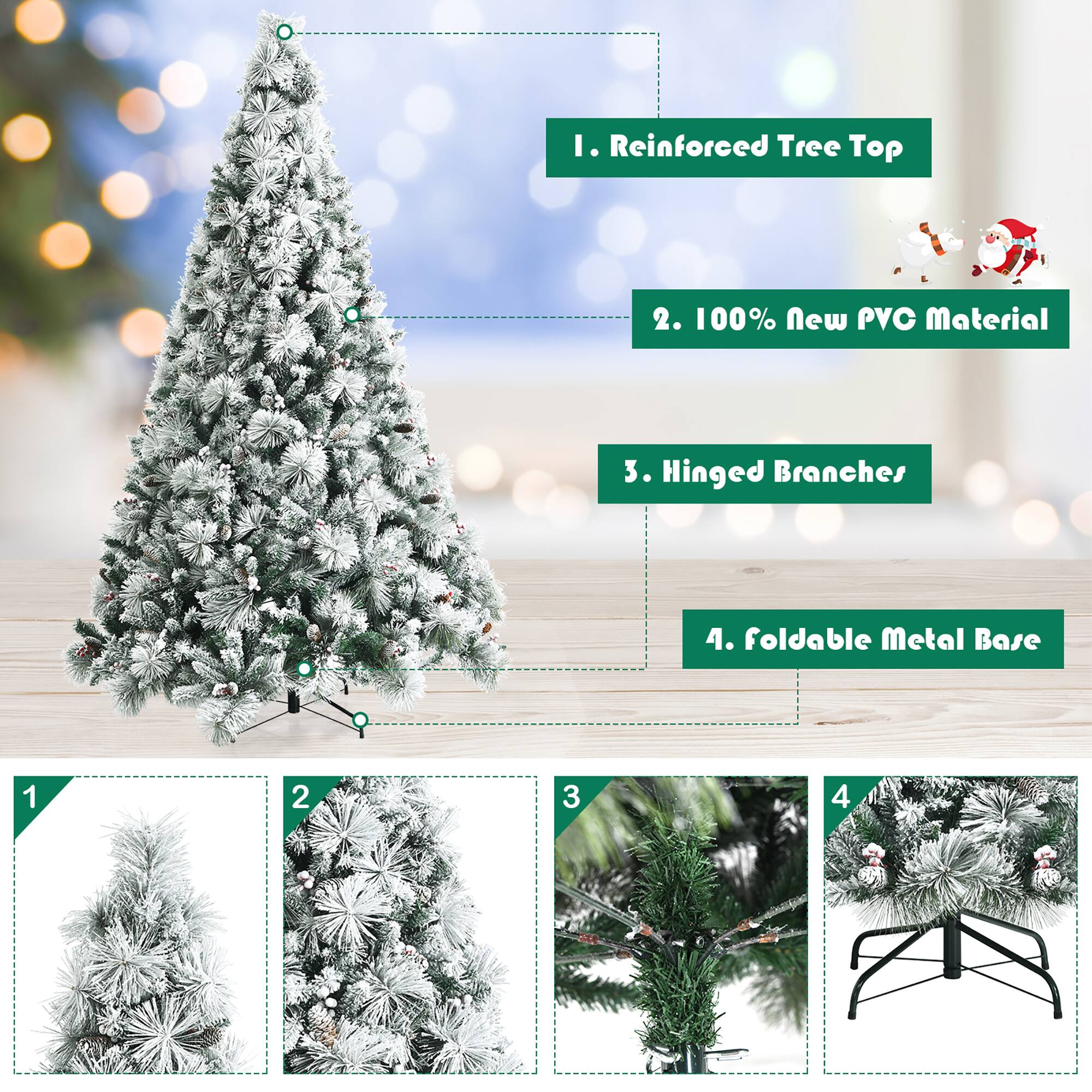 1. Reinforced Tree Top 2. 100% New PVC Material 3. Hinged Branches 4. Foldable Metal Base