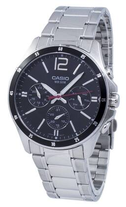 Casio - ENTICER Analog Quartz MTP-1374D-1AV Mens Watch Stainless Steel Black Dial 50M - Silver, Blue