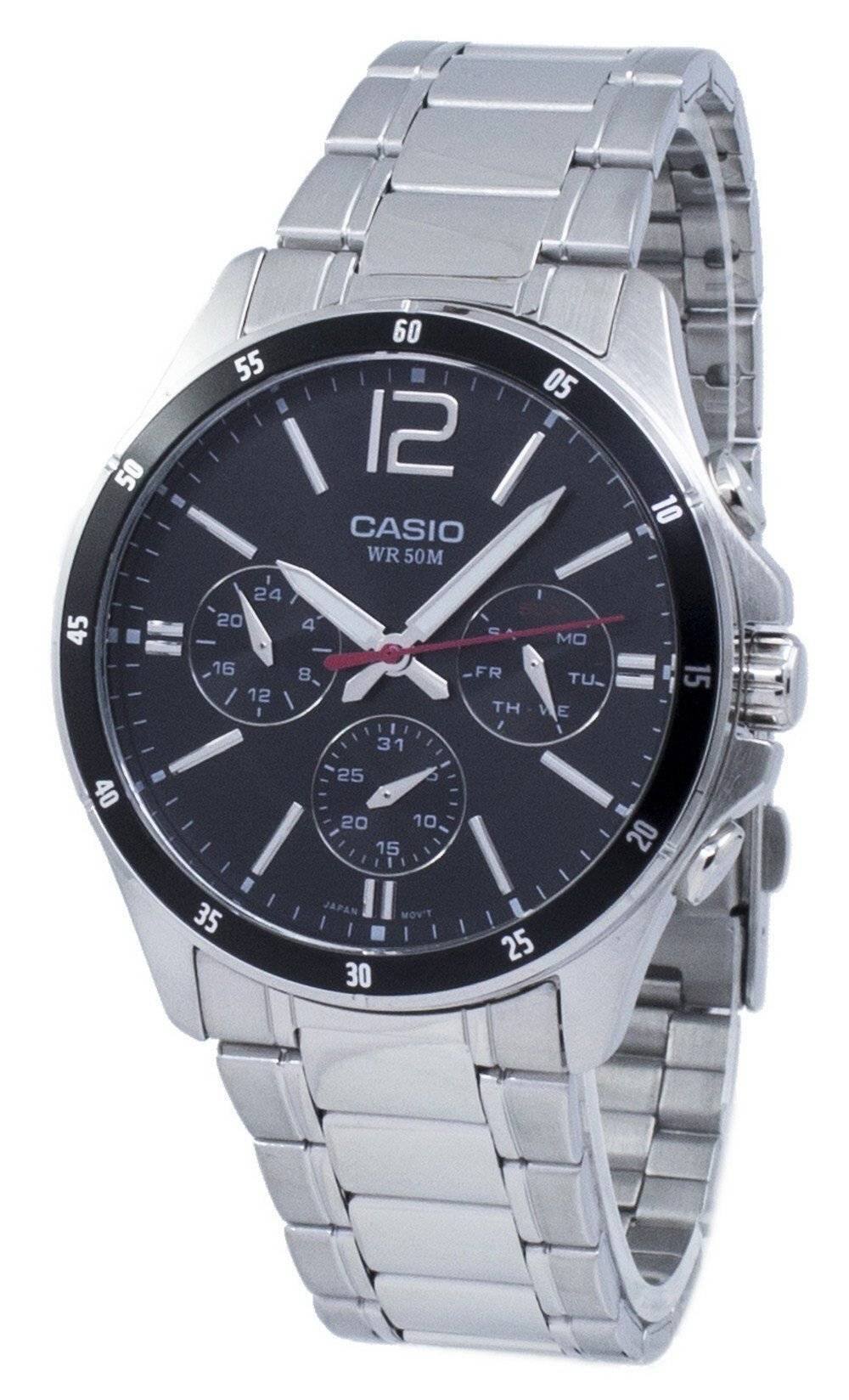 Casio - ENTICER Analog Quartz MTP-1374D-1AV Mens Watch Stainless Steel Black Dial 50M - Silver, Blue