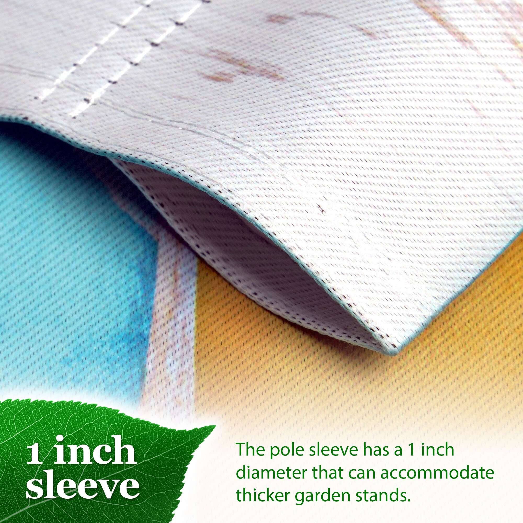 1 inch sleeve

The pole sleeve has a 1 inch diameter that can accommodate thicker garden stands.