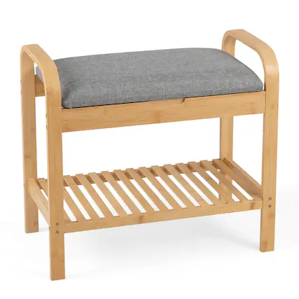 Front. Costway - Shoe Rack Bench Bamboo W/Cushioned Seat&Storage Shelf Padded Seat Shoe Bench - Natural and Grey.