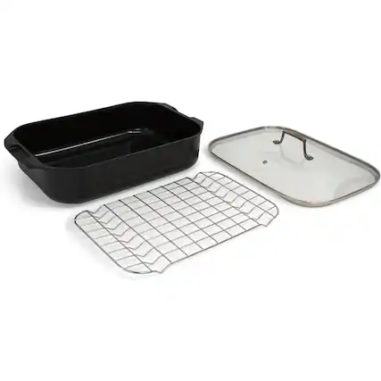Front. BLU - Blu. Cookware Roasting Pan with Lid and Roasting Rack, Non-Toxic - Black.