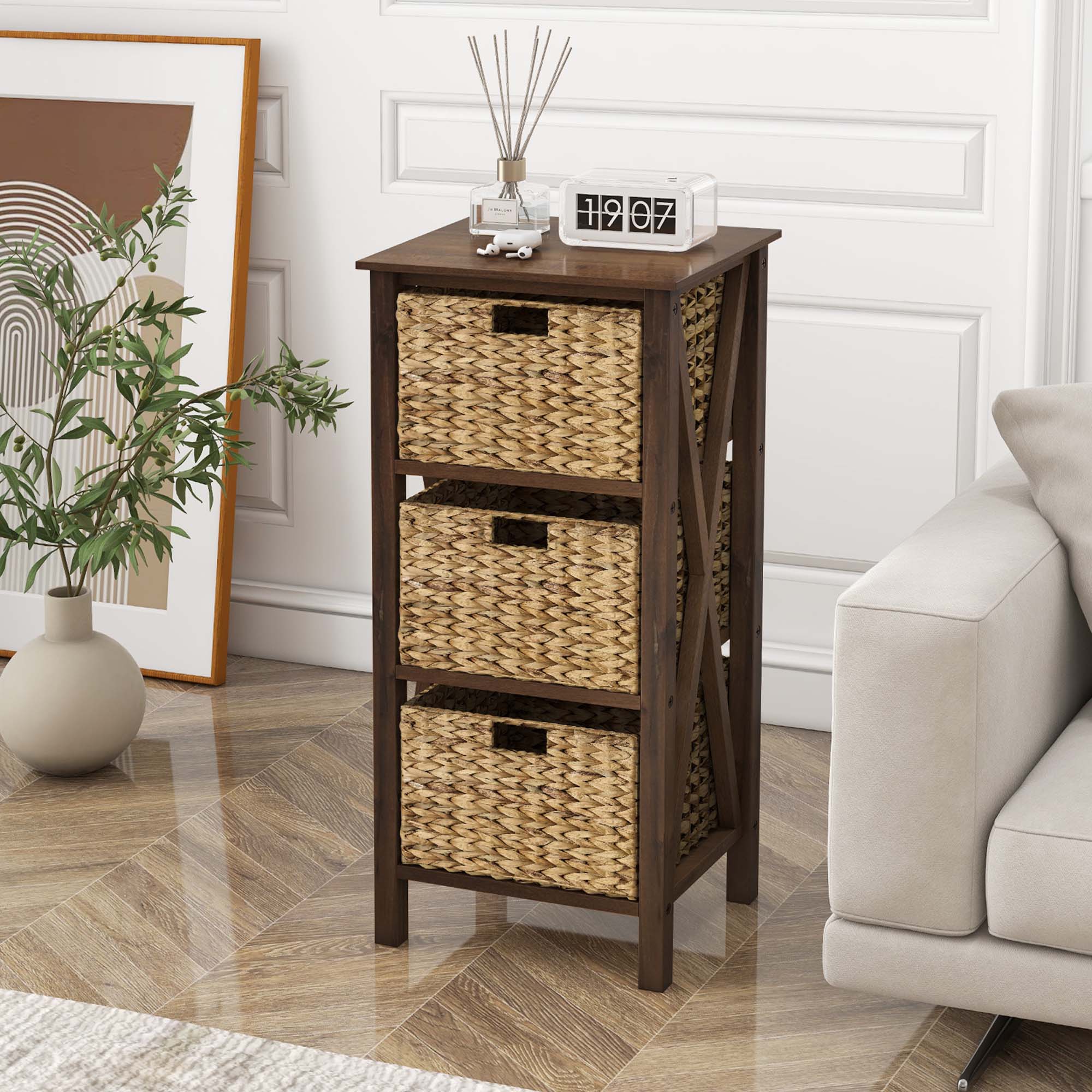Alt View 1. Costway - Costway 2 PCS 3-Tier Nightstand with 3 Seagrass Baskets Rubber Wood X-Shaped Frames 3 Drawers - Walnut,Natural.