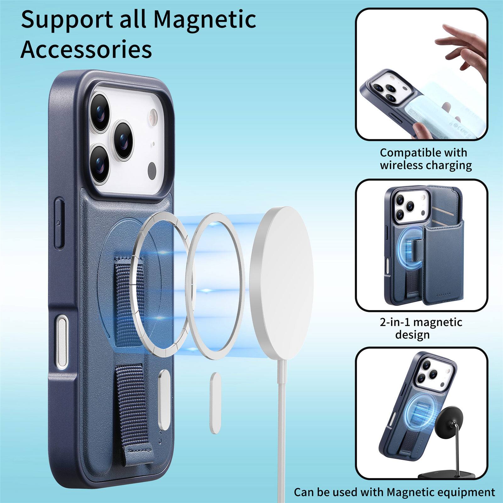 Support all Magnetic Accessories  
Compatible with wireless charging  
2-in-1 magnetic design  
Can be used with Magnetic equipment