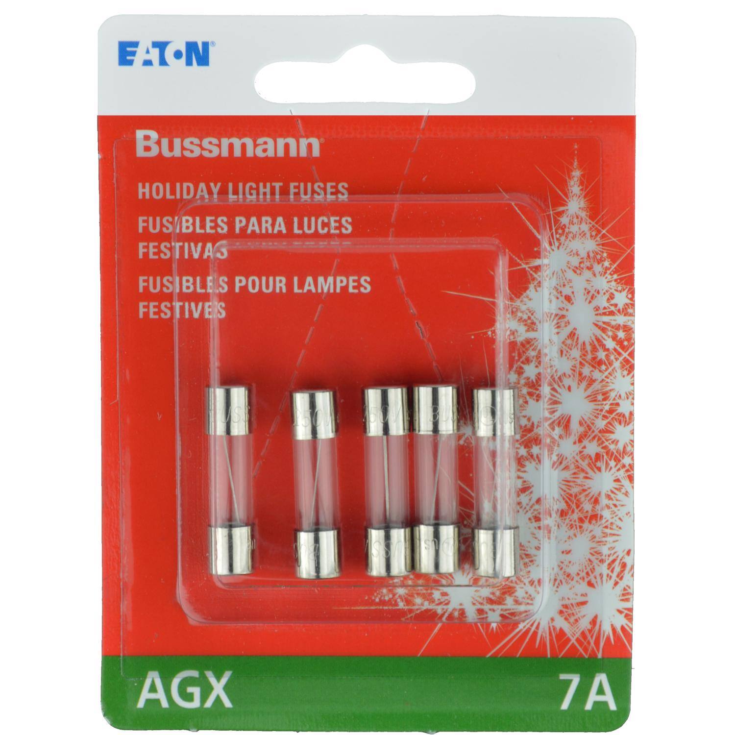 EATON  
Bussmann  
HOLIDAY LIGHT FUSES  
FUSIBLES PARA LUCES FESTIVAS  
FUSIBLES POUR LAMPES FESTIVES  
AGX  
7A