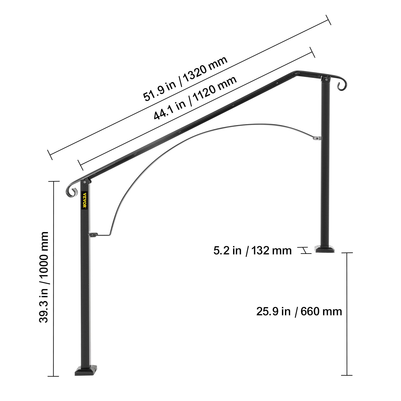 mm : 1320 / 1120 in mm 51.9 I 44.1 VEVOR mm /1000 I in 39.3 5.2 in I / 132/ mm I 25.9 in / 660 mm
