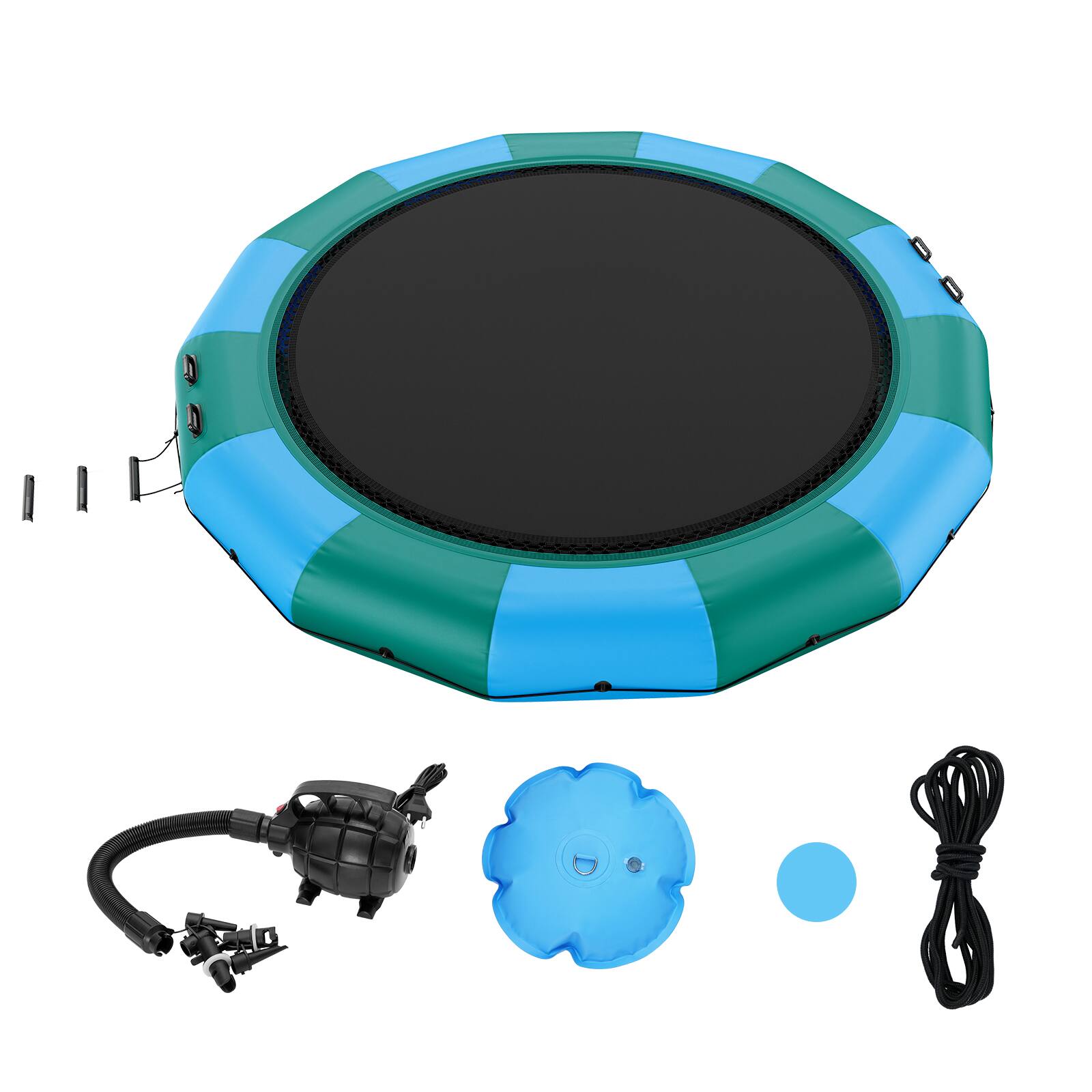 Front. VEVOR - Inflatable Water Bouncer, 15ft Recreational Water Trampoline, Portable Bounce Swim Platform with 3-Step Ladder - Blue, green.