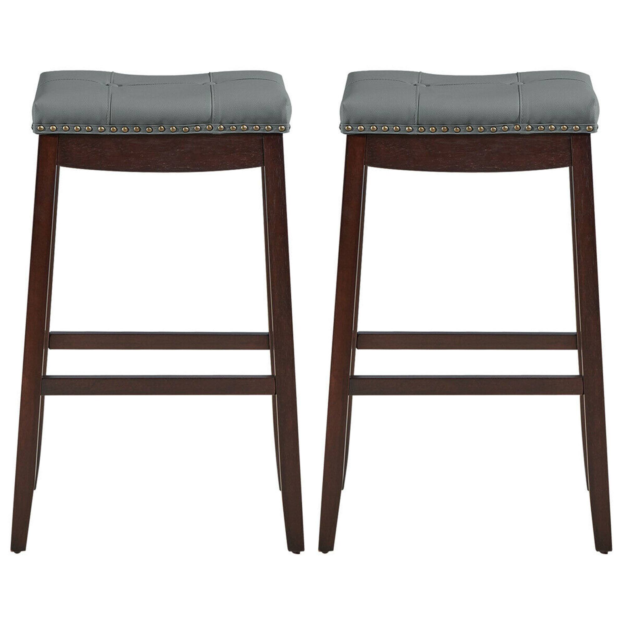 Alt View 4. Gymax - Gymax Set of 2 Nailhead Saddle Bar Stools 29'' Pub Chairs with Rubber Wood Legs Brown - as pic.