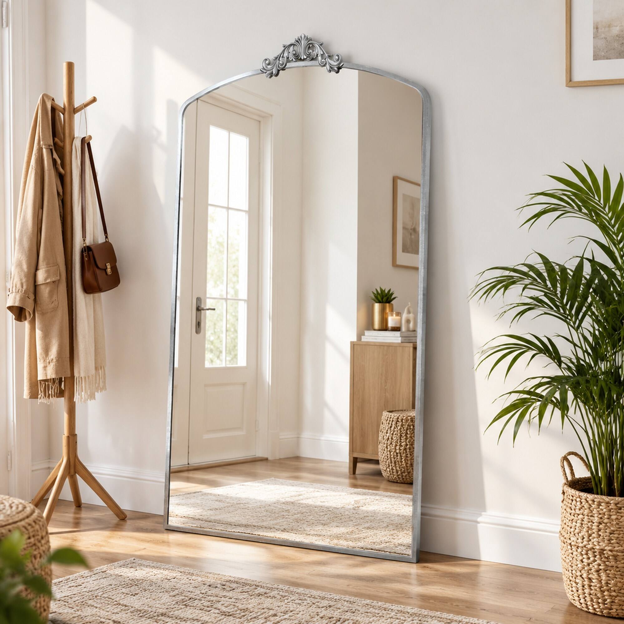 Left. RYHNUYNE - 36x66 Inch Ornate Arched Full Length Floor Mirror, Metal Frame, Antique Silver, Wall Mounted or Leaning - Antique Silver.