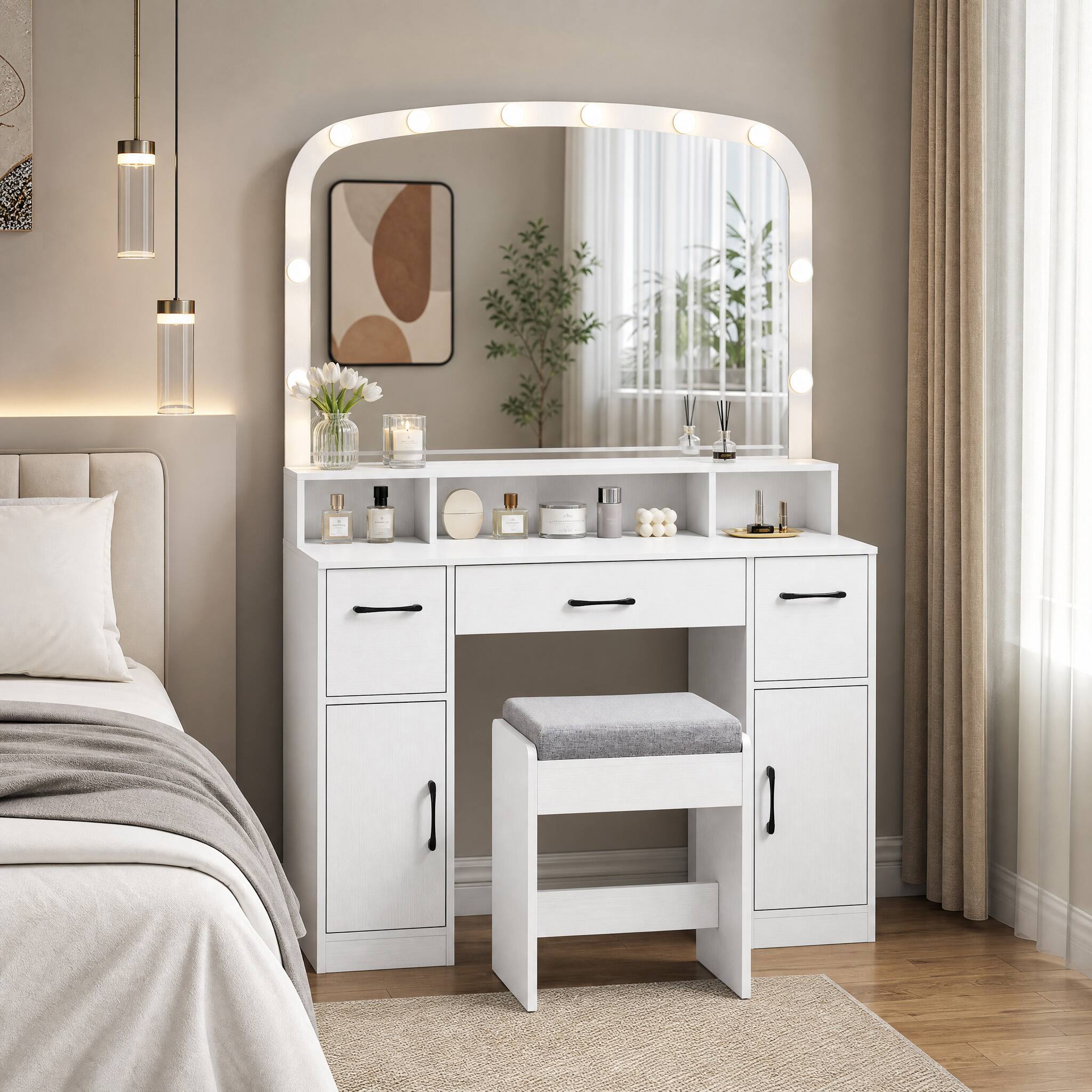Angle. WELLFOR - Vanity Desk with Arched Mirror and Lights,Makeup Vanity Table Set with Charging Station & Stool, Dressing Table - White.