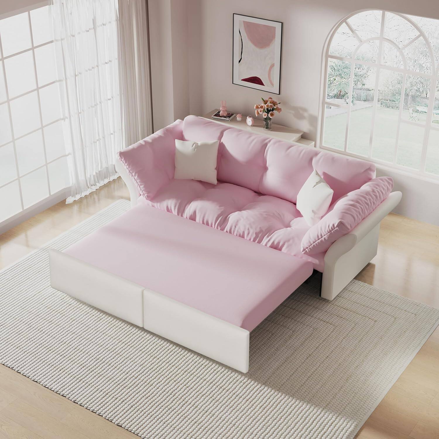 Alt View 2. Trinkets Crazed - 74.8" Queen Pull Out Sofa Bed, 3-in-1 Convertible Sleeper Tufted Sofa with 2 Soft Pillows - pink.