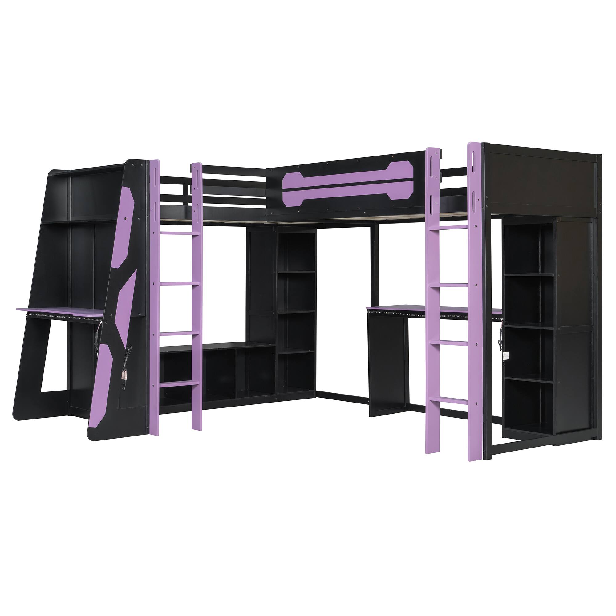Angle. Whisen - L-Shaped Twin Size Gaming Loft Bed with RGB Lights,USB Ports,TV Stand and Storage Shelves - Purple.