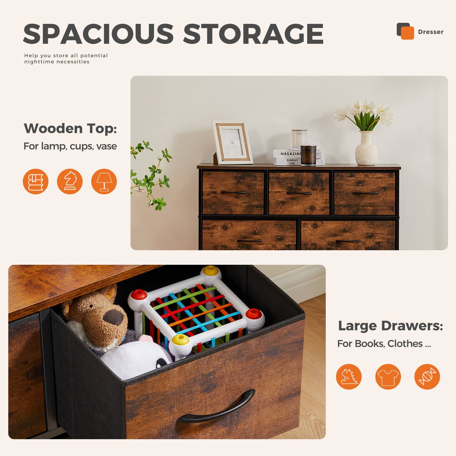 SPACIOUS STORAGE Help you store all potential nighttime necessities Dresser Wooden Top: For lamp, cups, vase Large Drawers: For Books, Clothes...