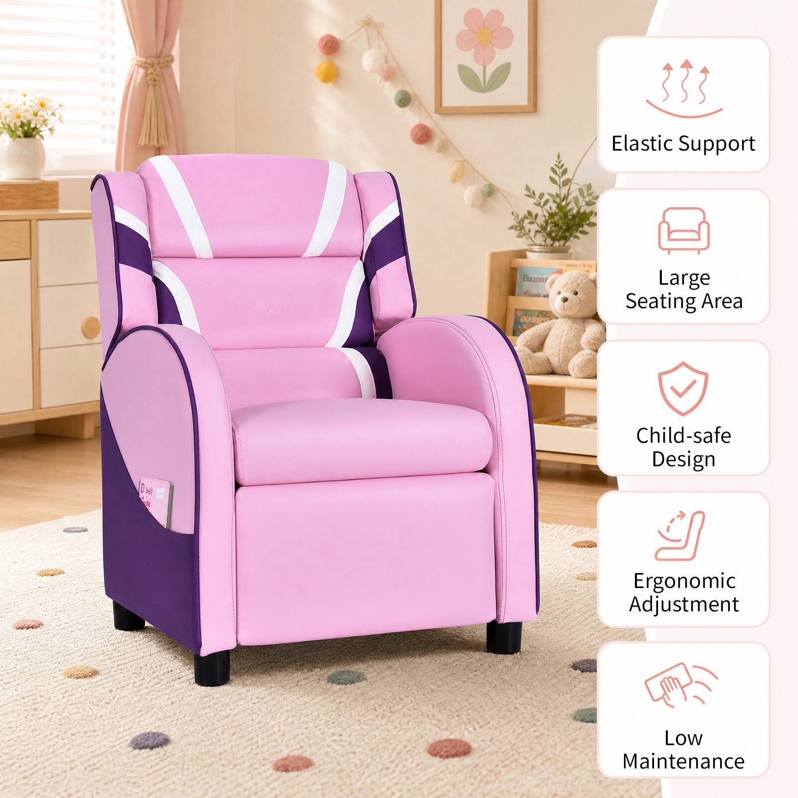 Elastic Support  
Large Seating Area  
Child-safe Design  
Ergonomic Adjustment  
Low Maintenance