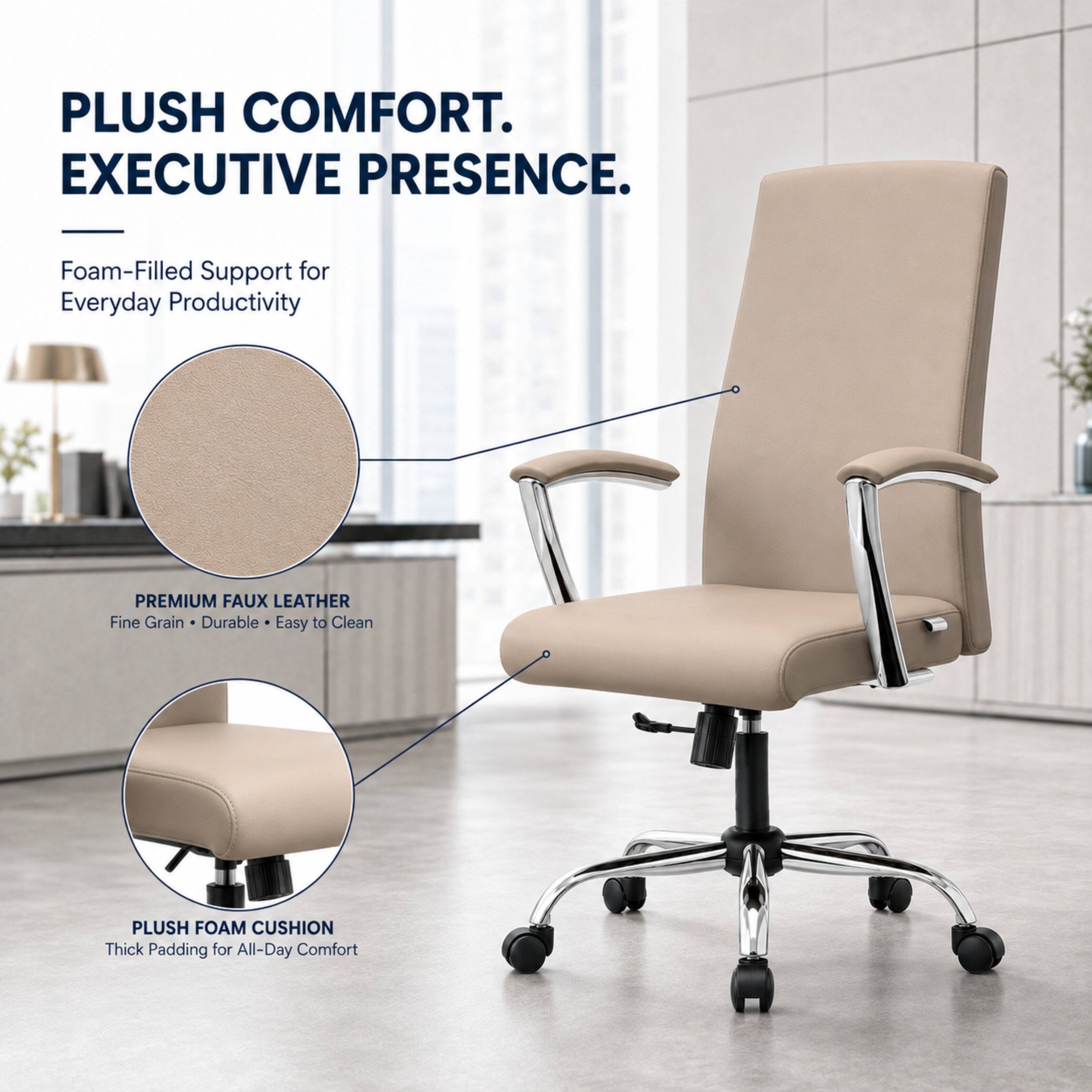 PLUSH COMFORT. EXECUTIVE PRESENCE.

Foam-Filled Support for Everyday Productivity

PREMIUM FAUX LEATHER
Fine Grain • Durable • Easy to Clean

PLUSH FOAM CUSHION
Thick Padding for All-Day Comfort