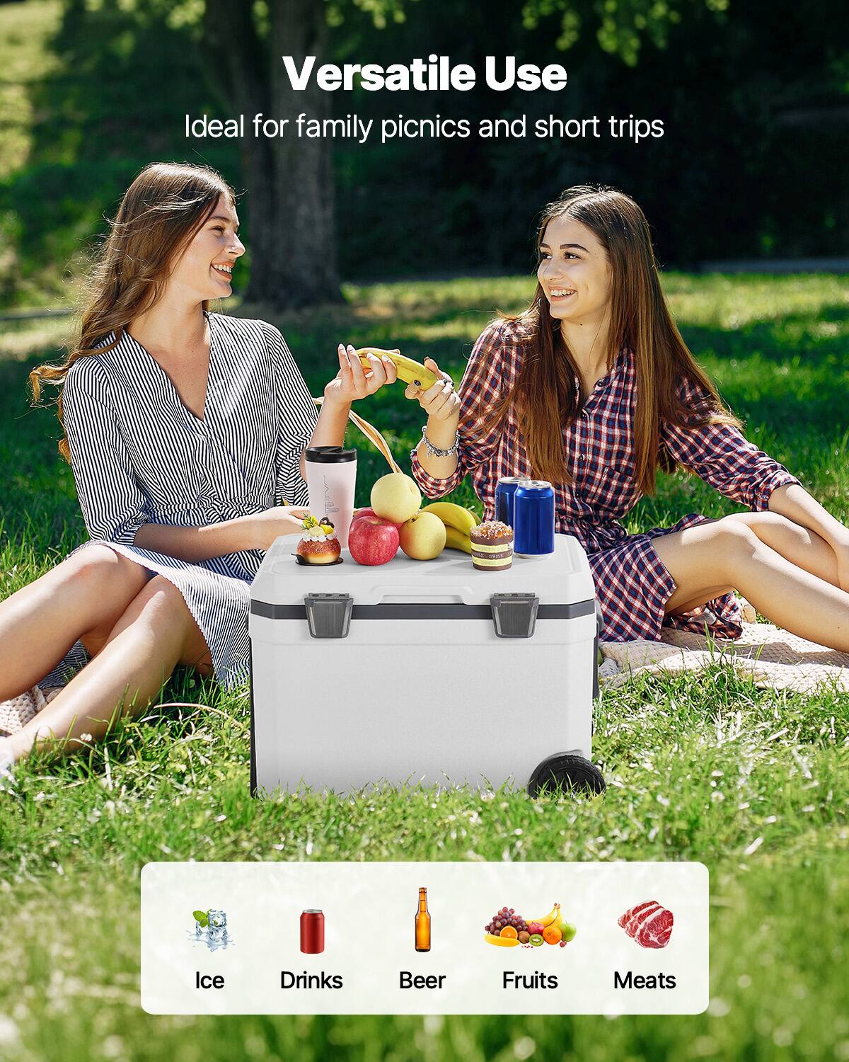 Versatile Use  
Ideal for family picnics and short trips  

Ice  
Drinks  
Beer  
Fruits  
Meats