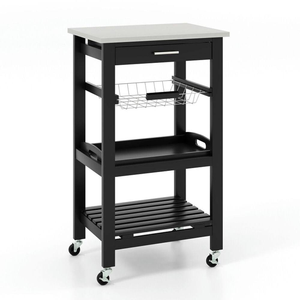 Angle. Kadyn - Kitchen Island Cart with Stainless Steel Tabletop and Basket-Black, Kitchen Island, Island Table for Kitchen - Black.