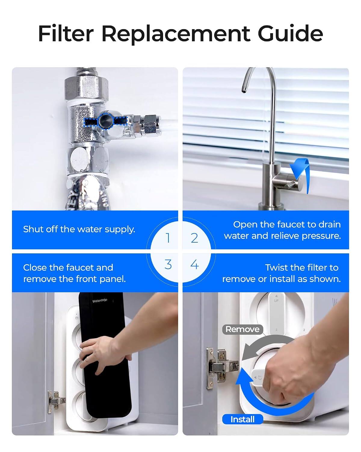 Filter Replacement Guide

1. Shut off the water supply.
2. Open the faucet to drain water and relieve pressure.
3. Close the faucet and remove the front panel.
4. Twist the filter to remove or install as shown.

Waterdrop

Remove

Install