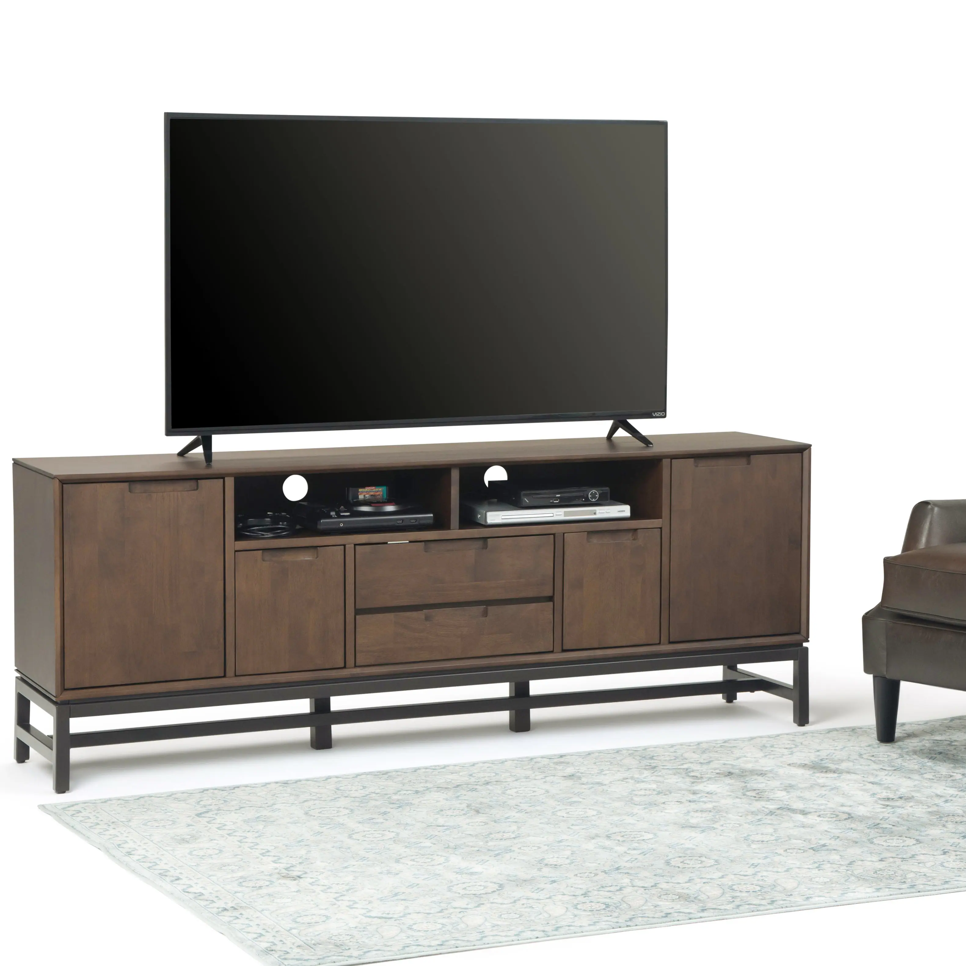 Angle. Simpli Home - Banting SOLID HARDWOOD 72 inch Wide Industrial TV Media Stand in Walnut Brown For TVs up to 80 inches - Walnut Brown.