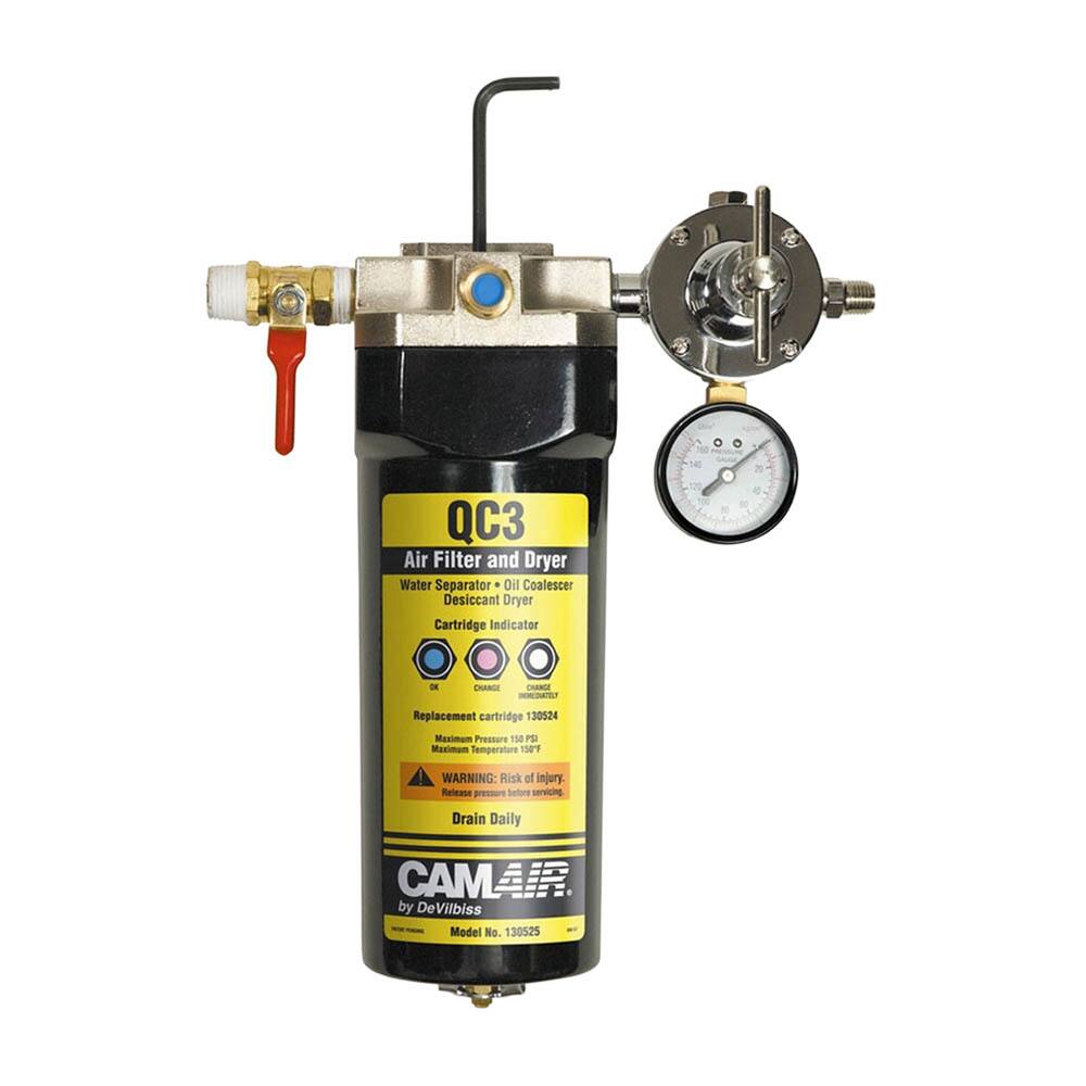 QC3 Air Filter and Dryer  
Water Separator • Oil Coalescer • Desiccant Dryer  
Cartridge Indicator  

Replacement cartridge 130524  
Maximum Pressure 110 PSI  
Maximum Temperature 158°F  

WARNING: Risk of Injury. Release pressure before servicing. Drain Daily  

CAMAIR by DeVilbiss  
Model No. 130525